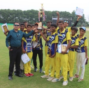 Cricket Team with Medals and Certificates Cricket team posing with medals and certificates"