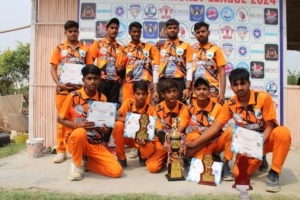 Champion Cricket Team with Trophy Cricket champions standing together holding the winners’ trophy