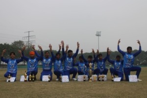 Group photo with trophy and certificates